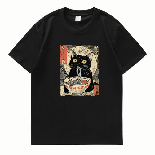 日式浮世绘黑猫吃拉面印花短袖T恤男女通用重磅纯棉宽松休闲上衣