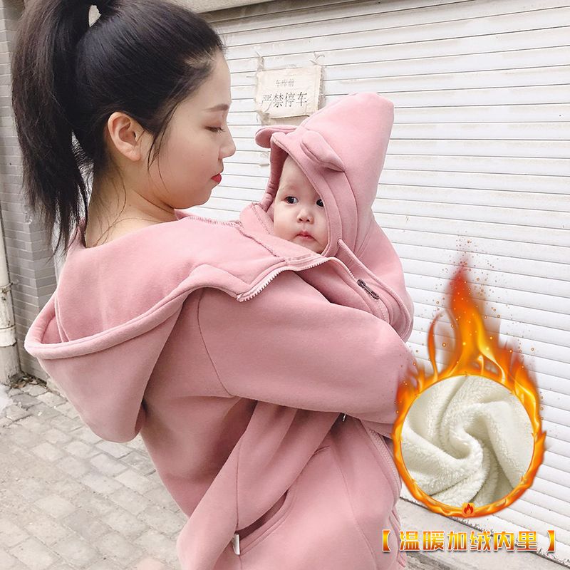 袋鼠母子连体衣网红亲子装卫衣袋鼠装妈妈抱婴儿衣服秋冬带娃外套