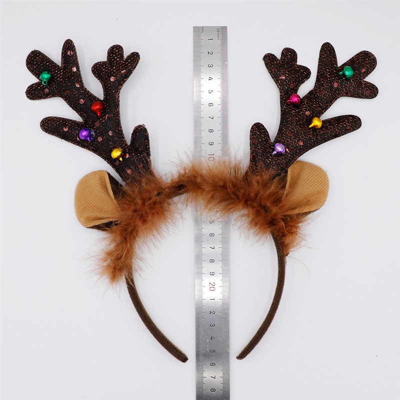 铃铛麋鹿圣诞节咖色羽毛鹿角发箍独立站派对节日头饰氛围道具