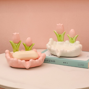 花朵创意肥皂盒陶瓷沥水免打孔洗漱台卫生间家用洗手台香皂置物架
