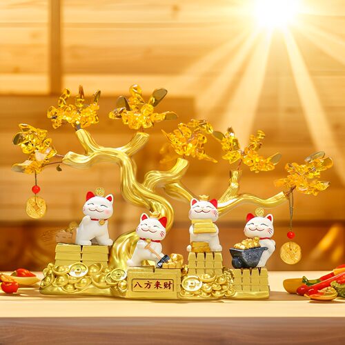 高档招财猫发财树办公桌面摆件