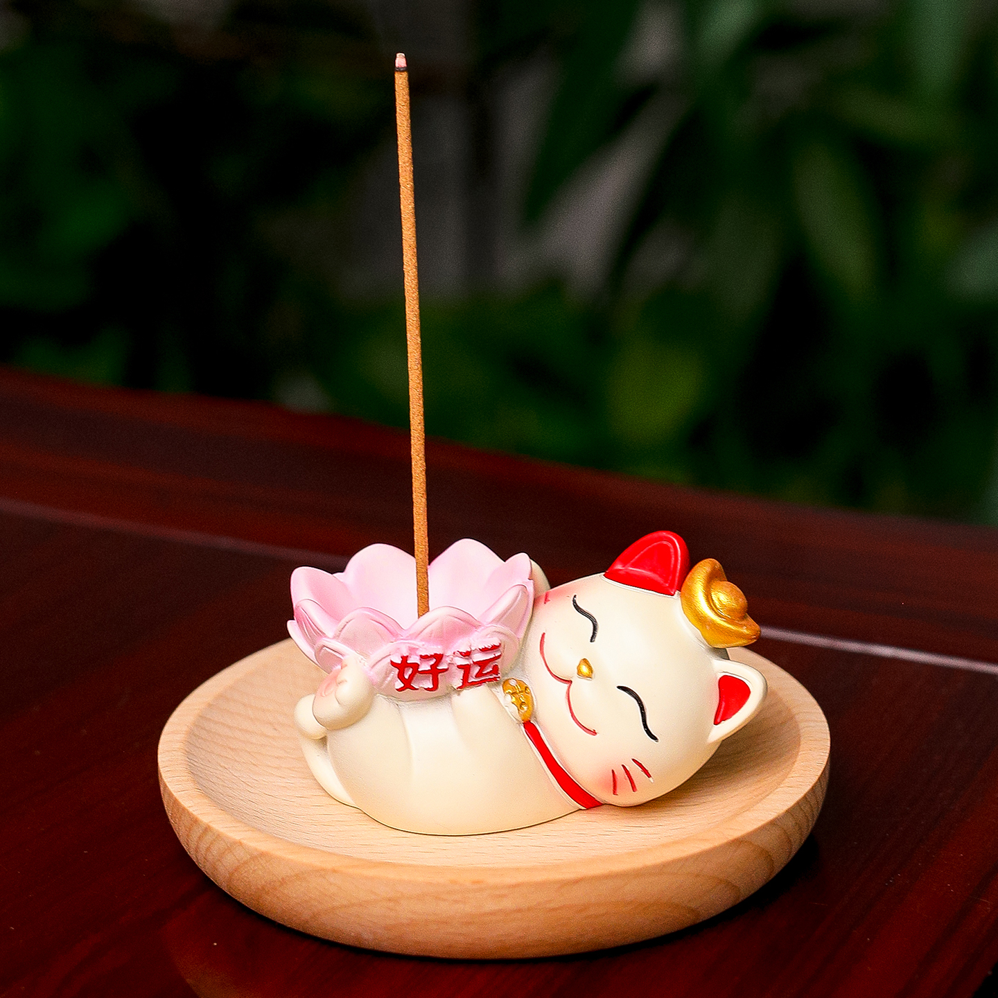 卡通可爱招财猫线香插木底香托座