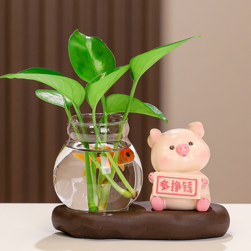 可爱小猪水培器皿花瓶客厅工位飘窗办公桌面好物装饰摆件生日礼物