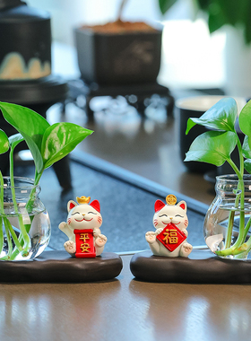 创意福气招财猫树脂水培装饰品办公室电脑桌氛围布置超迷你小花瓶
