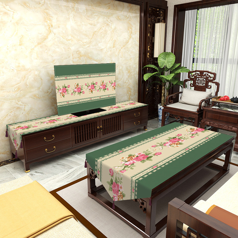 0J0茶几桌布长方形新中式布艺餐桌盖布家用电视机柜防尘罩液晶电