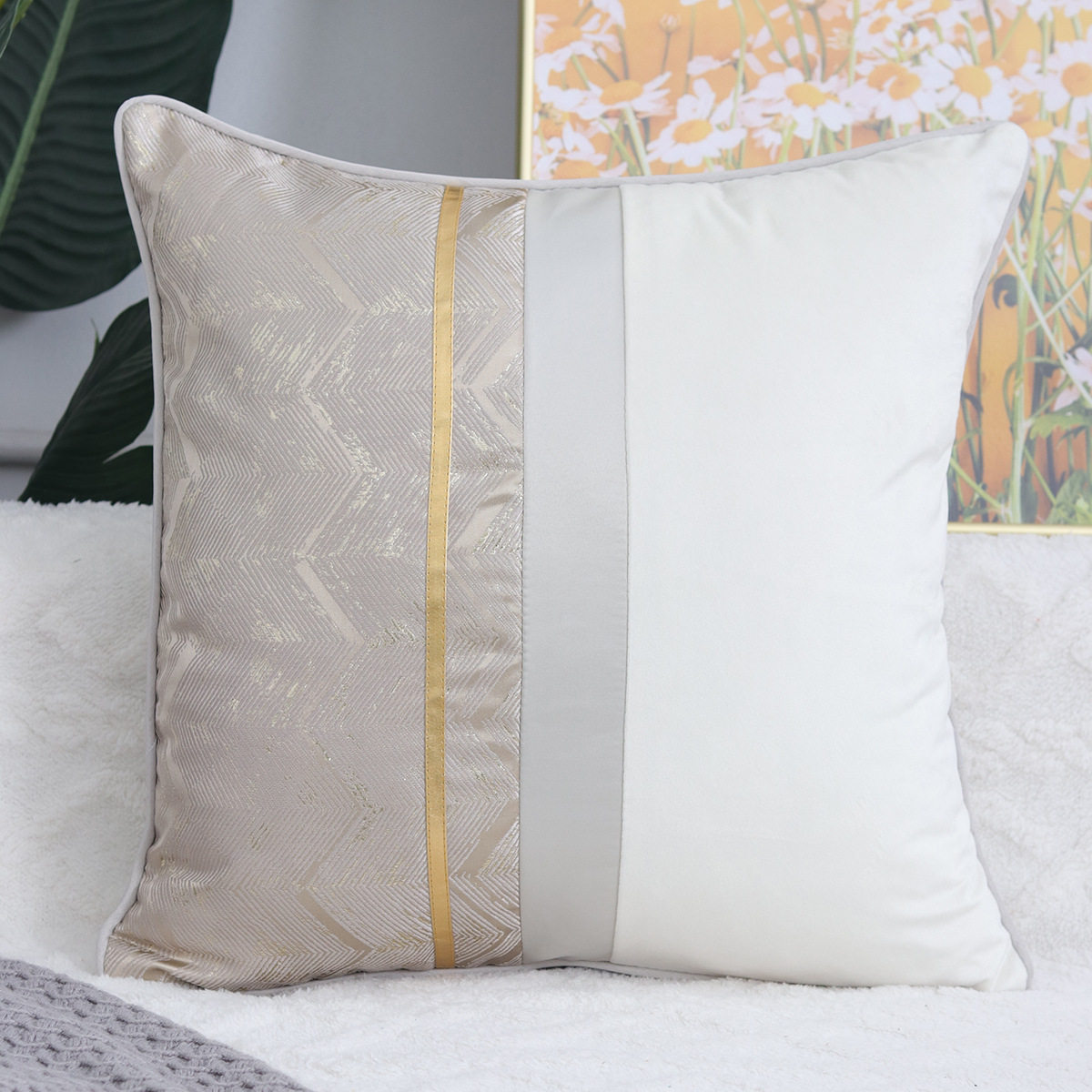 时尚新款金褶条纹抱枕套简约拼色车用靠枕家用客厅沙发床上靠垫