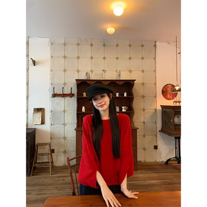 黄亮Elovey年度氛围感单品圆领套头蝙蝠袖收腰针织毛衣（含飘带）