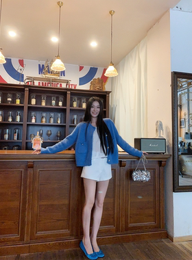 黄亮Elovey 复古蓝一眼吸睛 颜色满分厚实感毛衣针织开衫C03-4