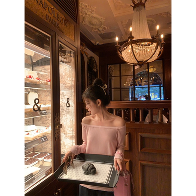 黄亮Elovey【优美天鹅颈】多种穿法针织一字肩系带蝴蝶结上衣女