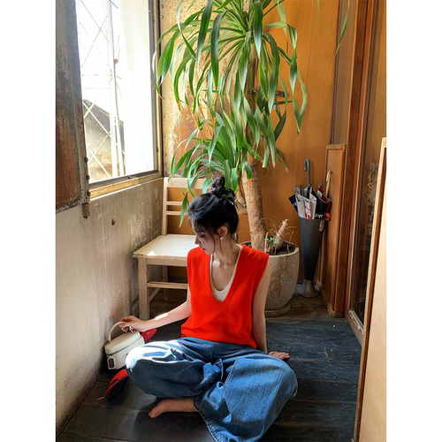 黄亮Elovey 1oo羊毛橘红针织马甲背心女外穿气质百搭可内搭