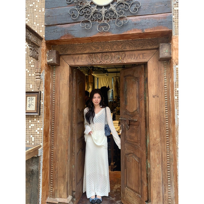 黄亮Elovey 亚麻天丝系列蕾丝透气舒适套装上衣+裙子两件套a02-1