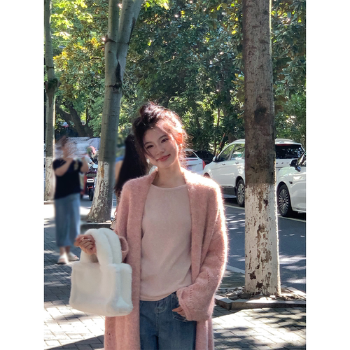 黄亮Elovey 淡山茉莉粉长款开衫毛衣外套慵懒女外套秋冬通勤百搭