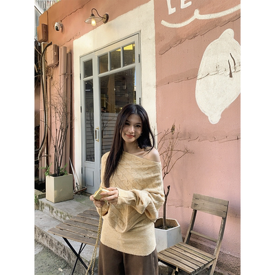 黄亮Elovey 香草暖黄治愈力-斜肩蝙蝠袖软糯绞花套头毛衣女秋冬