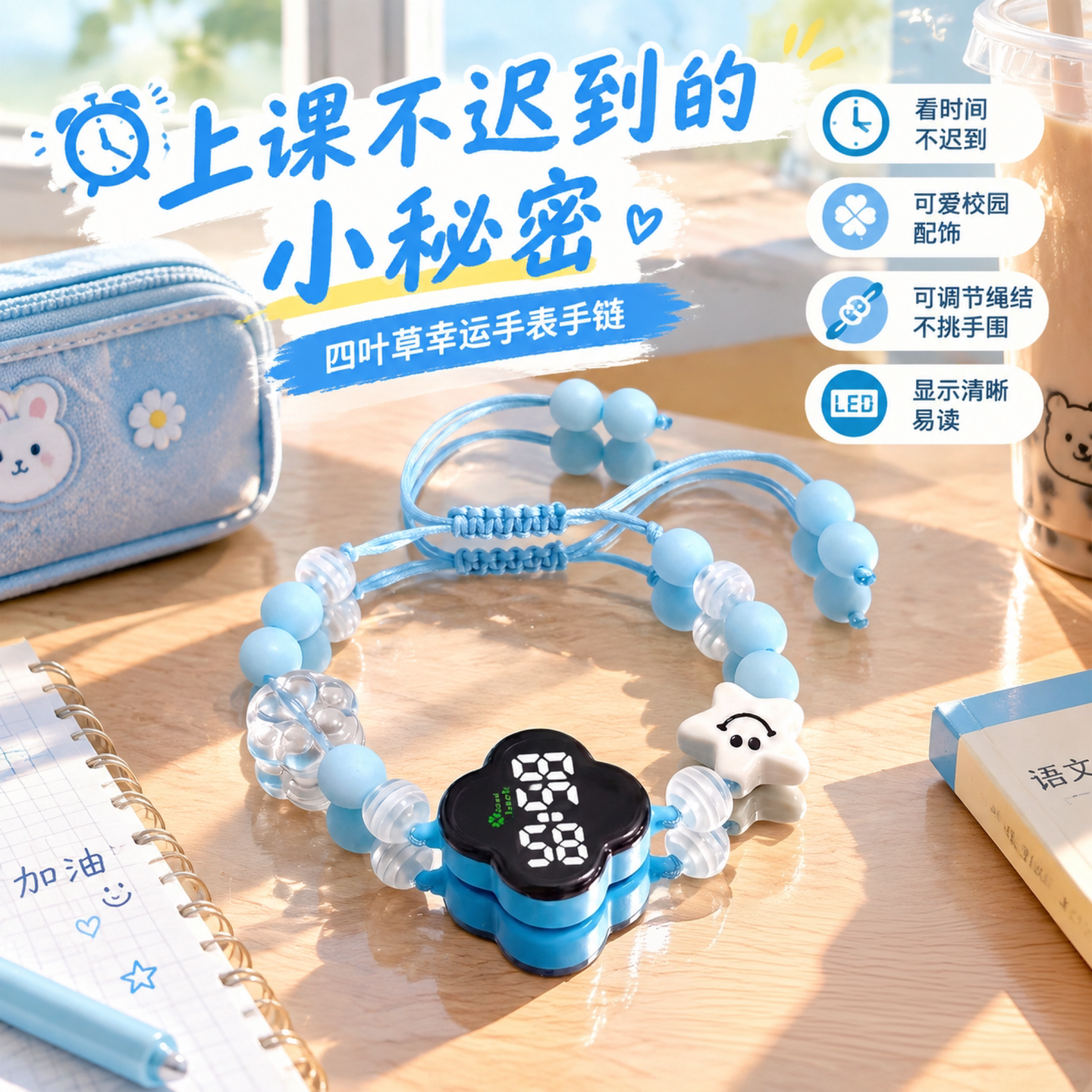 幸运四叶草手链表初高中女表森系珠串防水运动手表静音考试手表