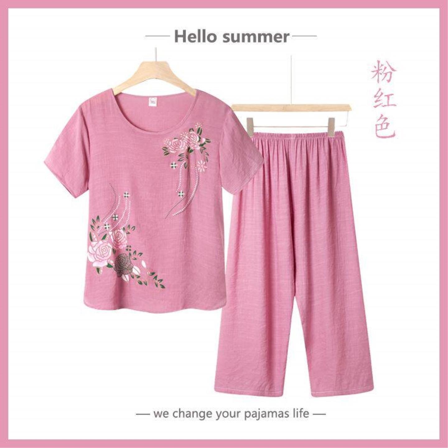 中老年女夏季纯棉麻短袖两件套夏天奶奶妈妈装睡衣上衣裤子家居服
