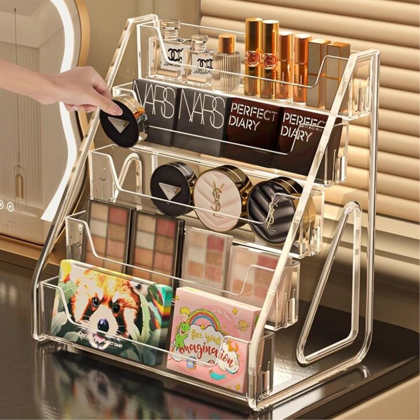 化妆品收纳盒梳妆台桌面透明阶梯式口红香水展示架眼影盘置物架