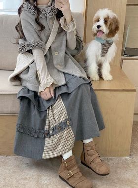 冬季复古套装文艺卷边设计感罩衫+打底衫+灰色拼接半身裙三件套装