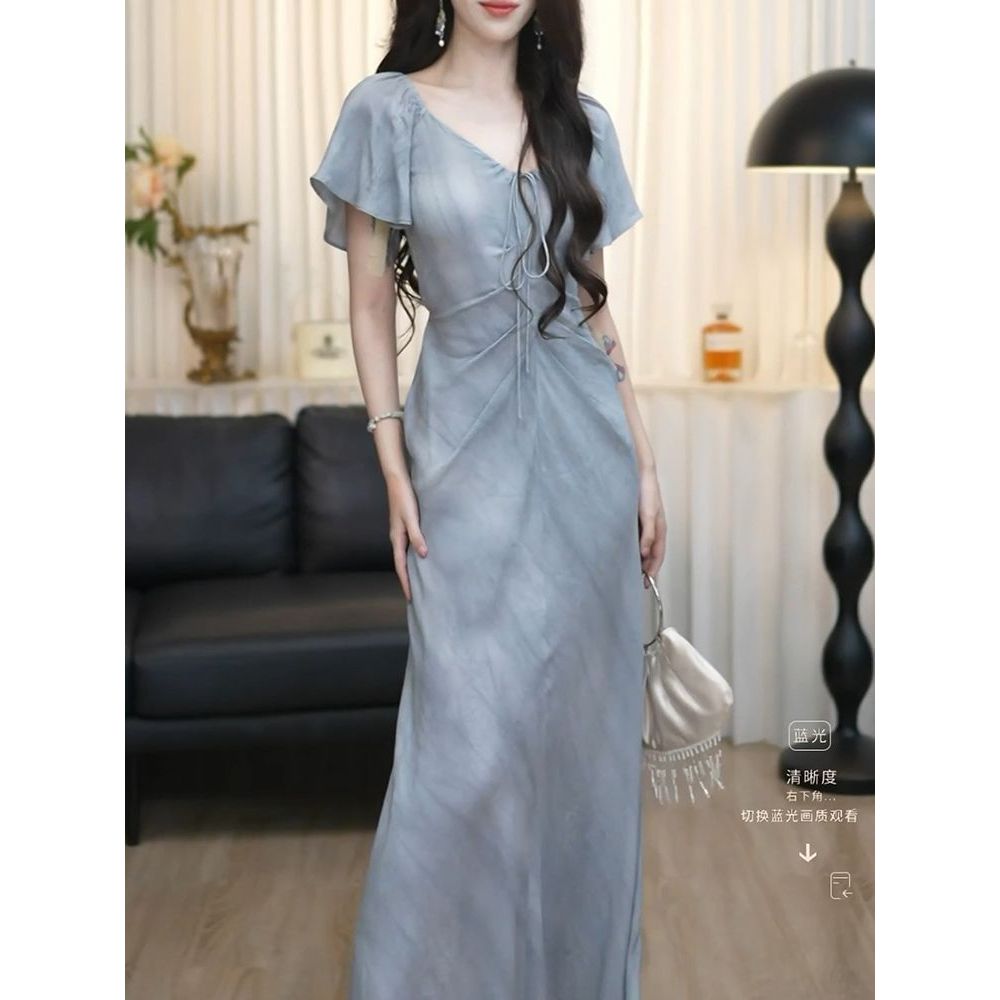 优雅名媛风纯色V领短袖连衣裙2025夏季新款时尚气质收腰显瘦裙子