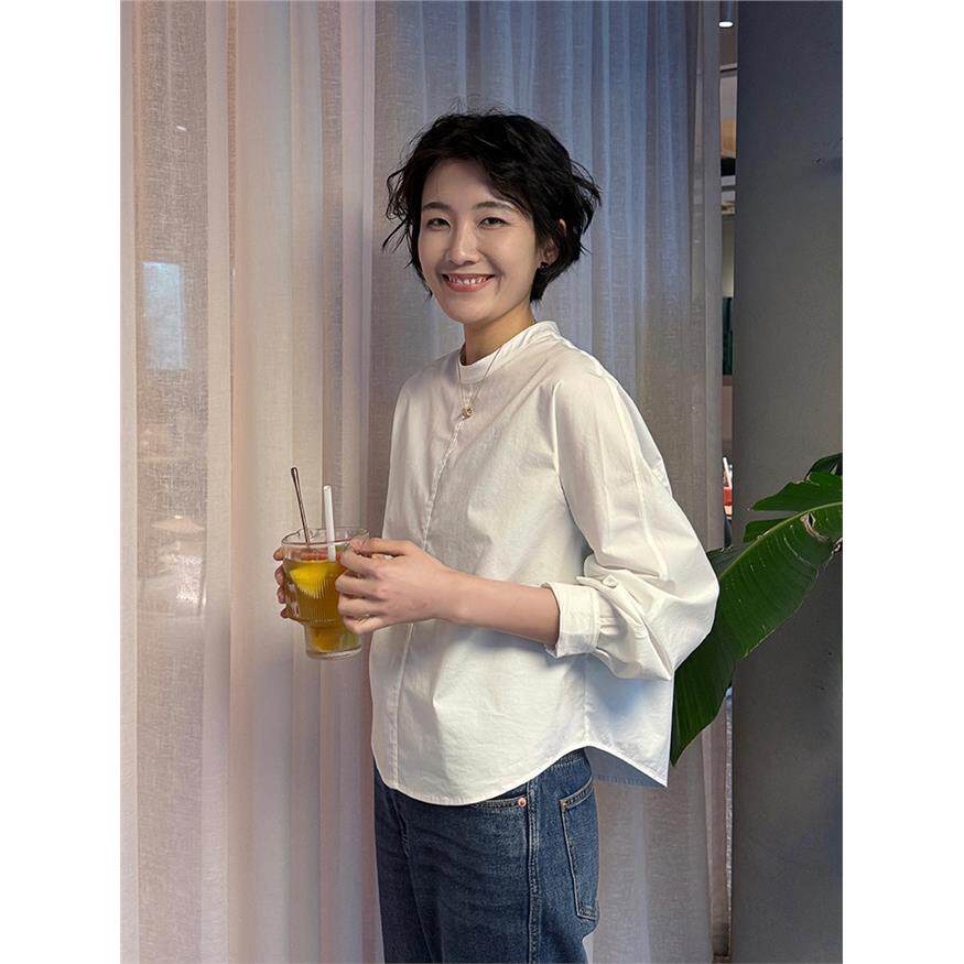 浪清白色棉质长袖衬衫女秋季2025新款设计感衬衣短款圆领套头上衣