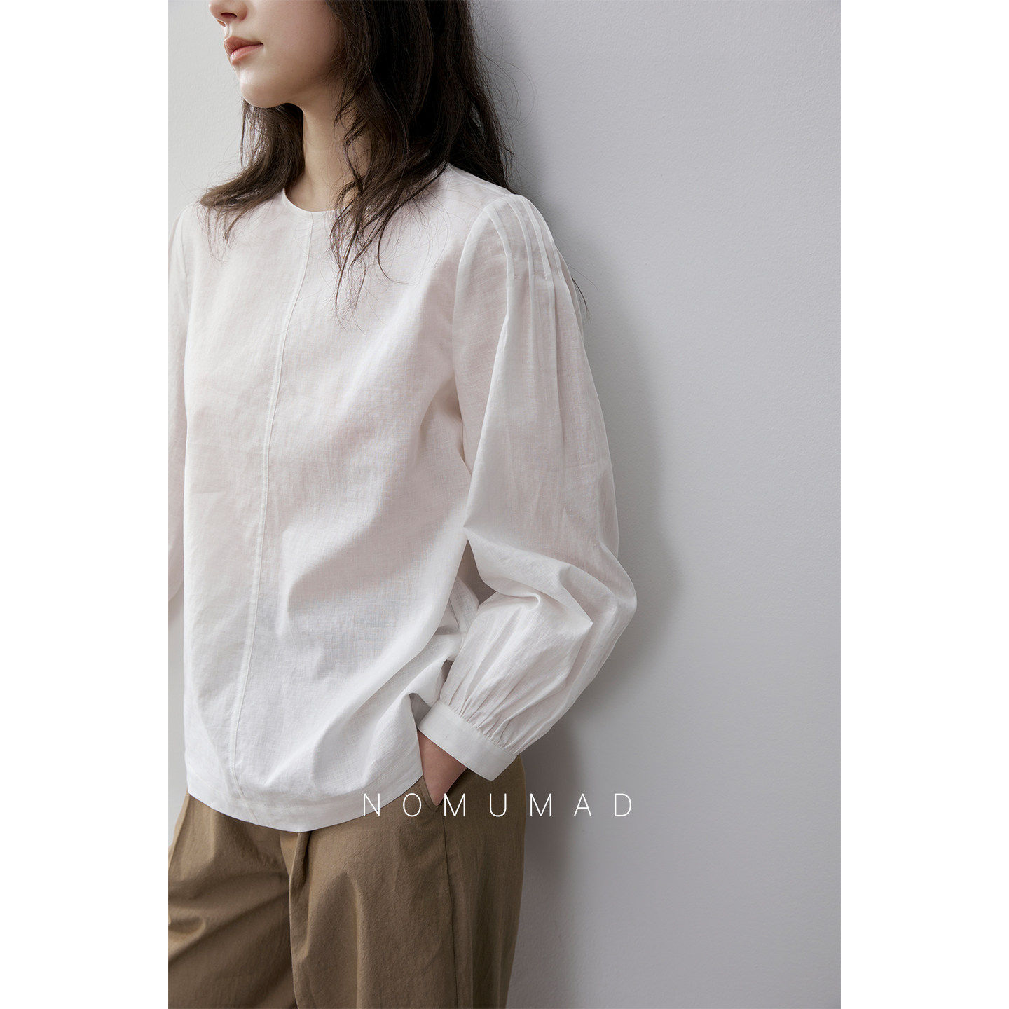 山屿牧玛2026品质棉麻圆领基础套头上衣设计感百搭白色长袖衬衫