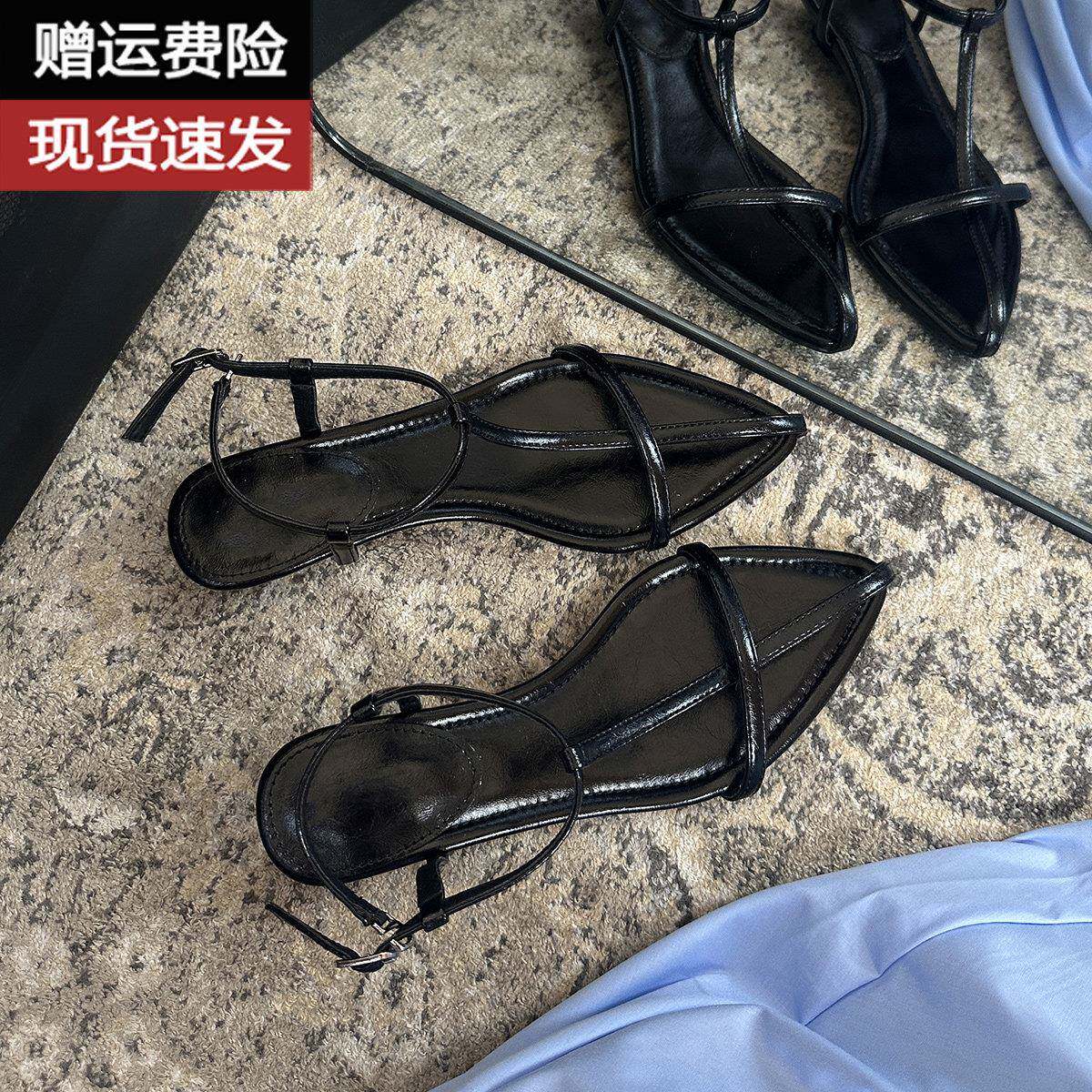 羊皮法式尖头十字细带露趾凉鞋女夏新款真皮小众设计感沙滩罗马鞋