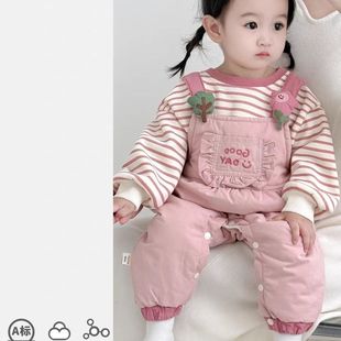 宝宝衣服冬季超萌背带裤套装保暖卫衣女宝外出服冬装婴儿上衣裤子