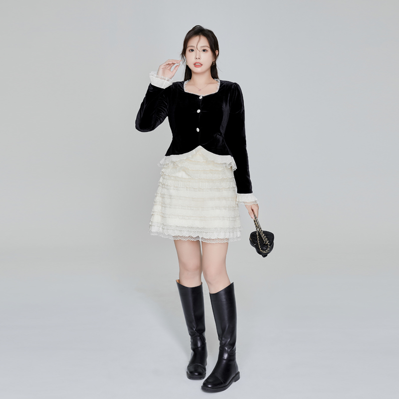 ▲播本▼大码女装套装2023秋冬新款胖妹妹显瘦半身裙+上衣两件套