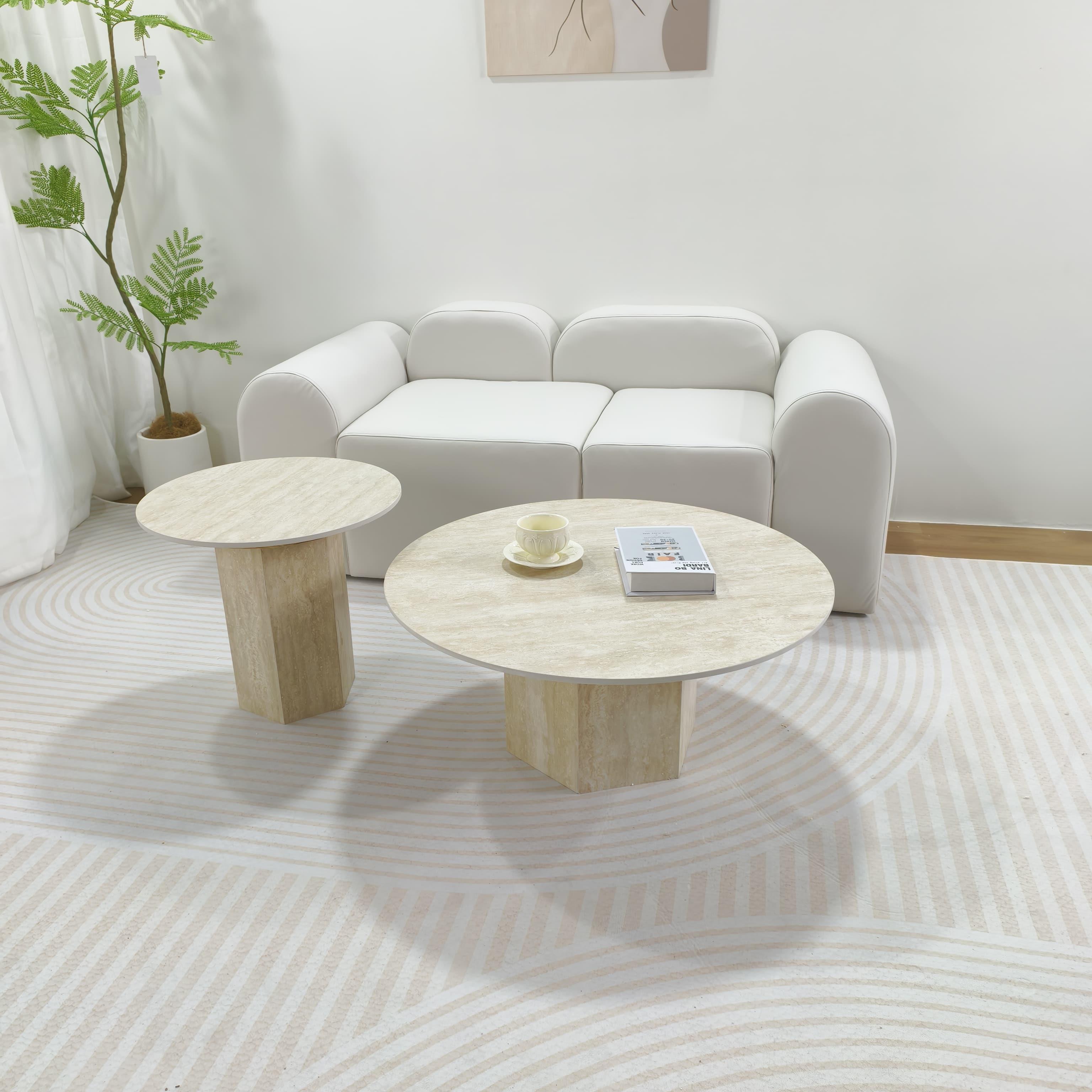 洞石岩板茶几客厅家用小户型现代简约轻奢高级感圆形茶几桌组合