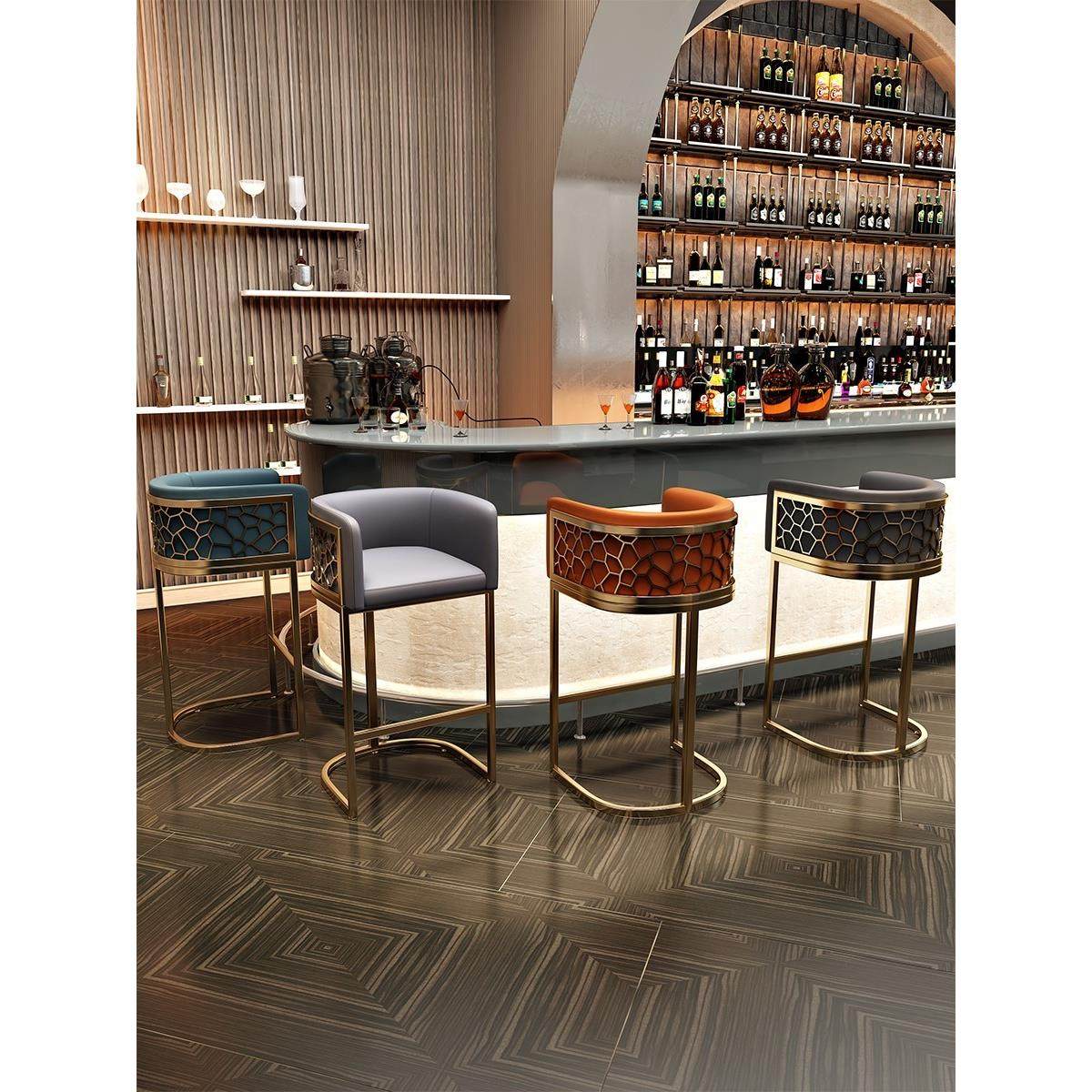 轻奢吧台椅酒吧前台接待会客酒吧椅创意简约咖啡厅高脚靠背椅