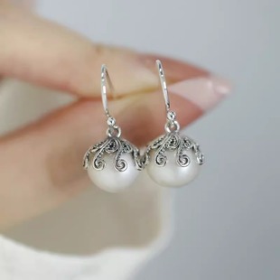 复古925银珍珠母贝耳环女新中式小众高级感雕花设计个性百搭耳饰