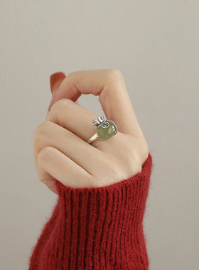 复古925银福袋碧玉国风开口戒指