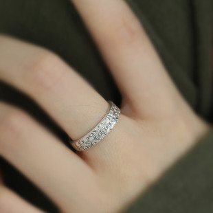 复古925银祥云纹浮雕戒指女中式民族风小众简约开口可调节食指戒