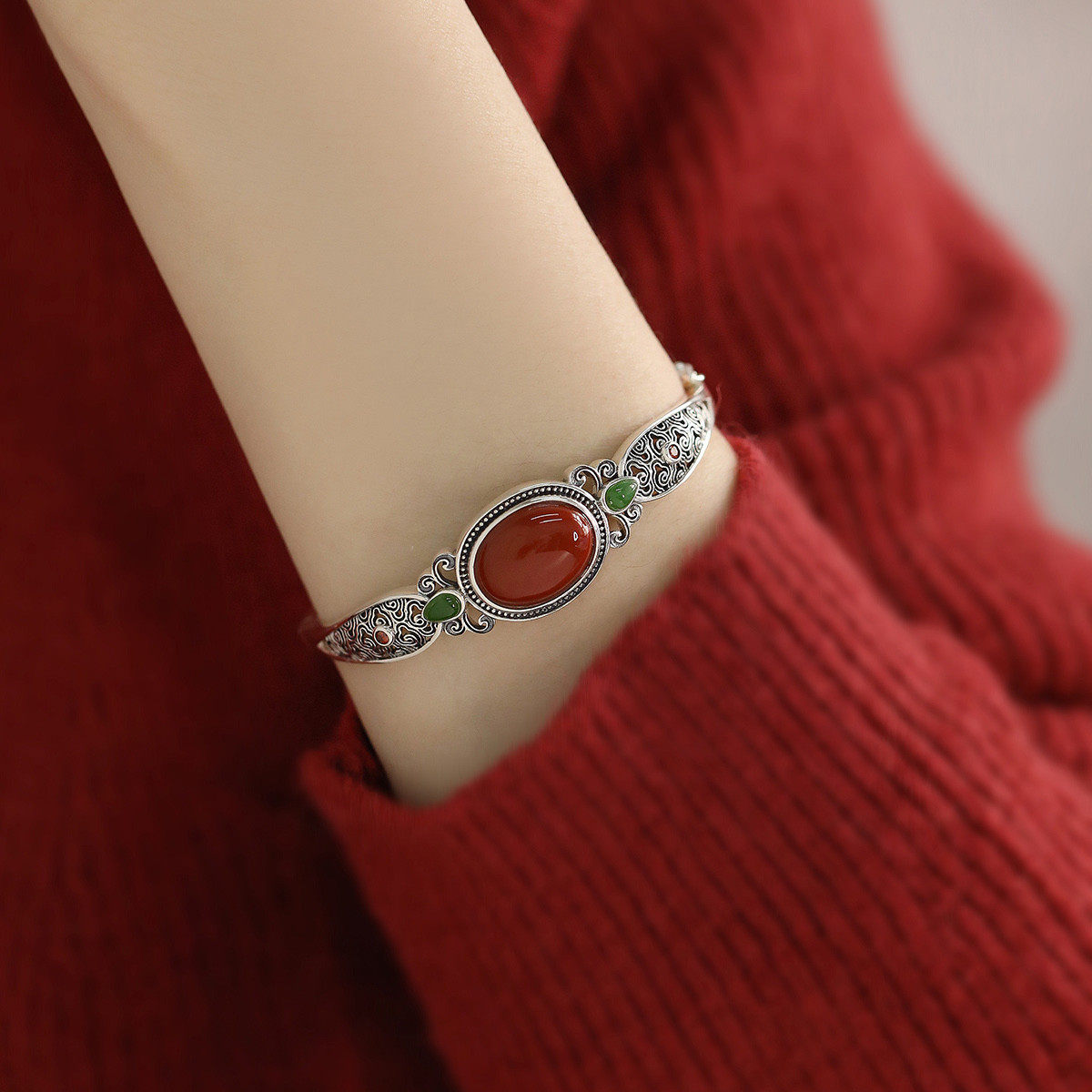 925银蛋面南红手镯女民族风小众高级感复古做旧祥云纹轻奢手环,饰品/流行首饰/时尚饰品新,手镯,淘宝优惠券,粉丝福利购,淘宝优惠卷