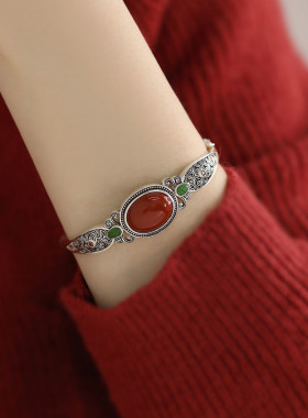 925银祥云纹蛋面南红国风手镯女