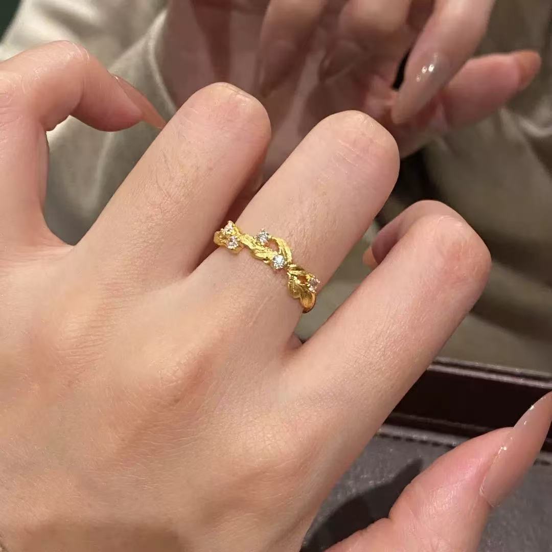 金色拉丝锆石花环新中式开口戒指