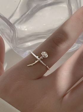 925银素银立体玫瑰时尚开口戒指