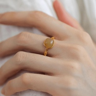 蜜蜡方糖戒指925银高级感新中式女小众设计开口可调节轻奢食指戒