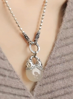 复古925银唐草纹玛瑙圆珠毛衣链