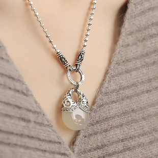复古925银唐草纹玛瑙吊坠女新中式小众钱袋民族风百搭圆珠毛衣链