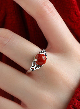 复古925银祥云玛瑙镂空开口戒指