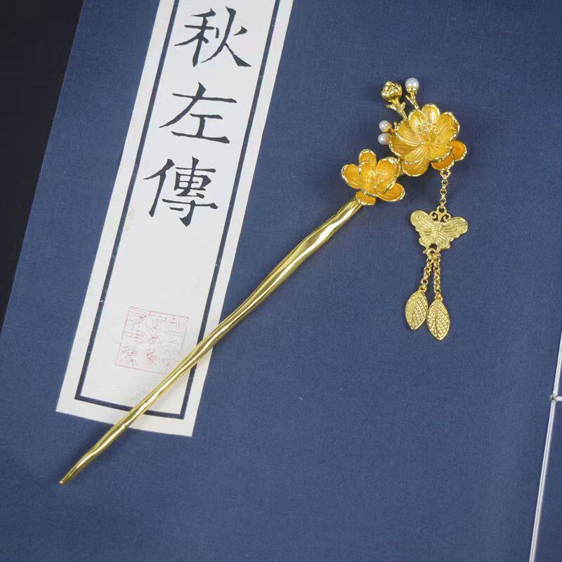 复古风s925银女珍珠梅花流苏发簪