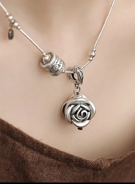 复古925银立体玫瑰花百搭项坠女