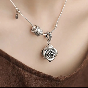 复古925银玫瑰花吊坠项链女新中式小众双面立体高级感百搭毛衣链