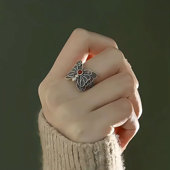 复古925银南红蝴蝶戒指花丝镂空做旧新中式 女掐丝小众可调节指环