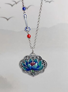 S925银莲花心经琅荷花如意锁吊坠