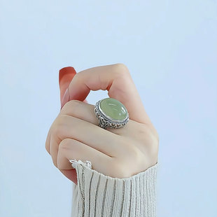复古925银蛋面青玉镂空花纹戒指女新中式民族风开口可调节指环