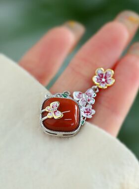 复古925银蝴蝶方形玛瑙项坠女