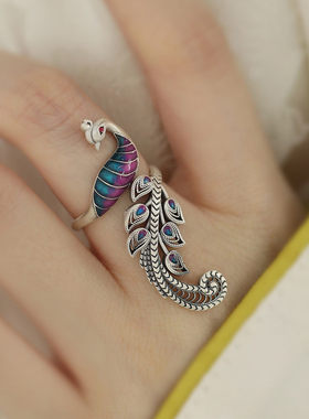 复古925银珐琅凤凰新中式戒指女