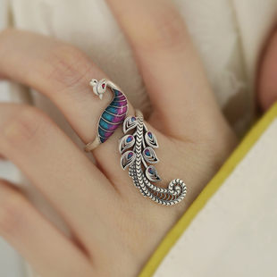 925银珐琅凤凰戒指女新中式国风复古做旧简约百搭开口可调节指环