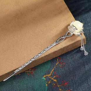 S925银古风和田玉荷花发簪及笄礼钗子步摇流苏汉服盘发叉子百搭